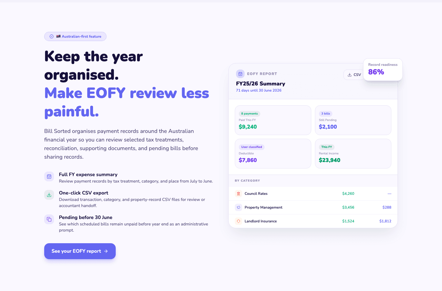 Bill Sorted EOFY report feature page section