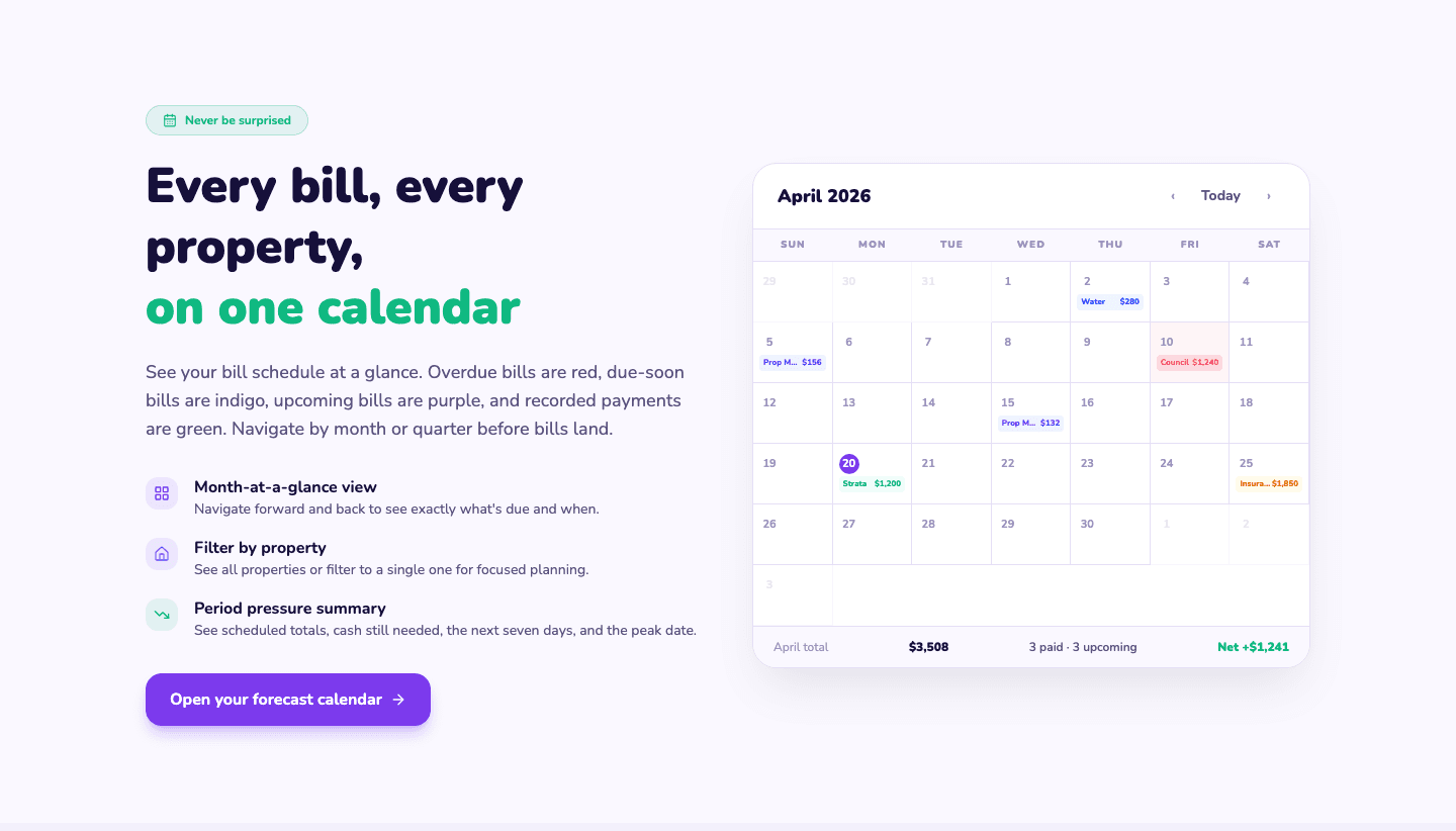 Bill Sorted forecast calendar feature page section