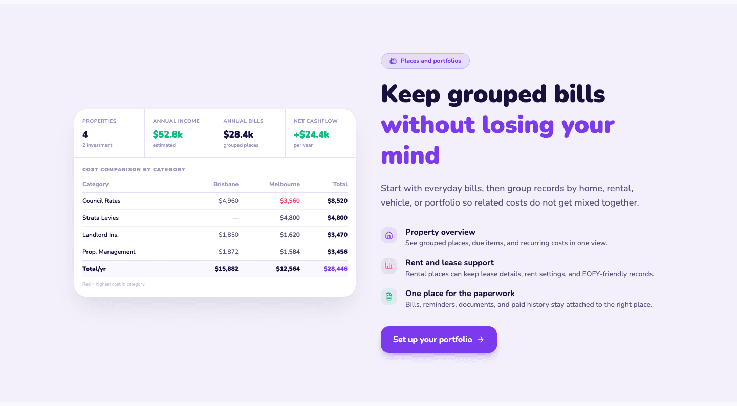Bill Sorted portfolio management feature page section