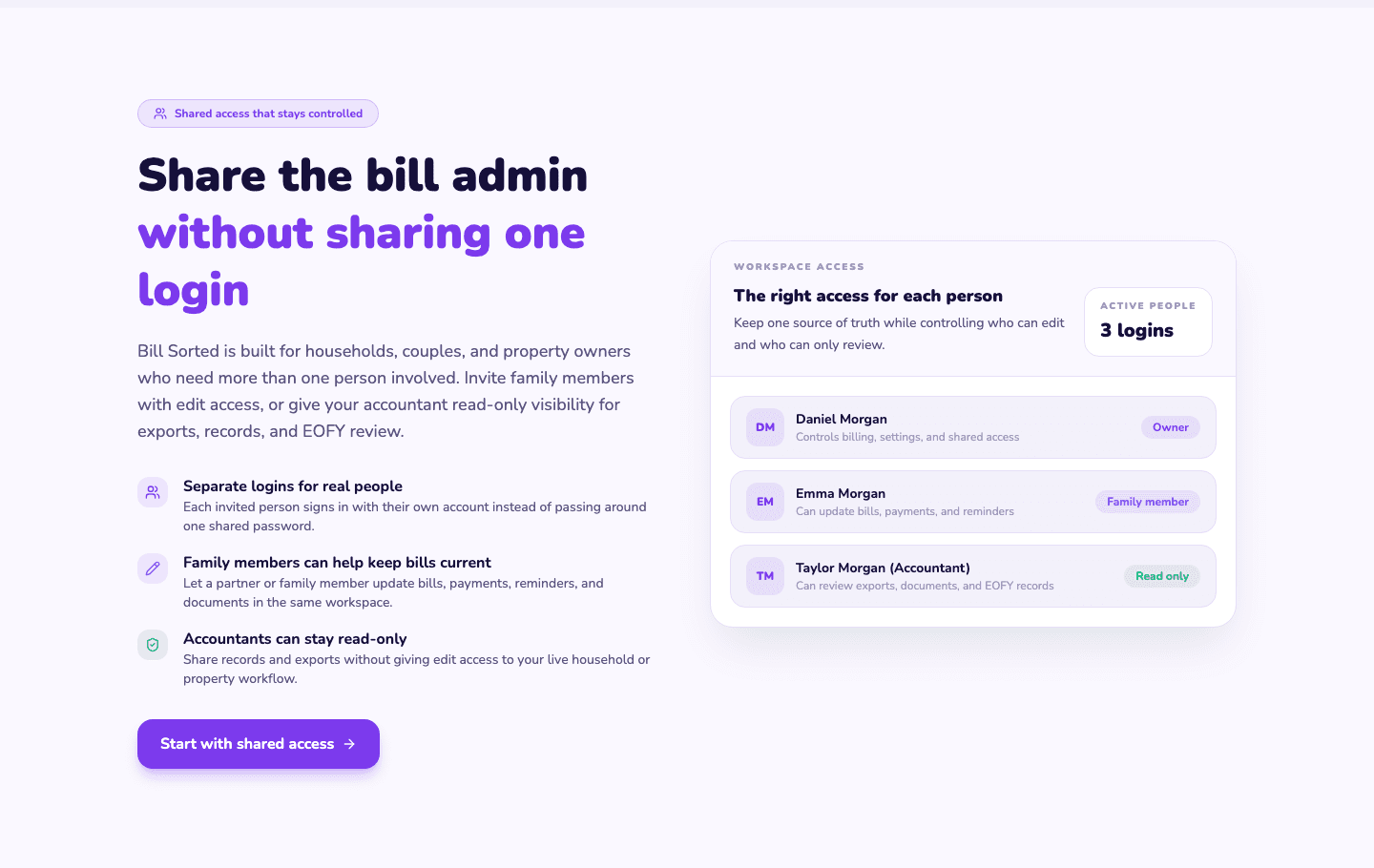 Bill Sorted shared access feature page section